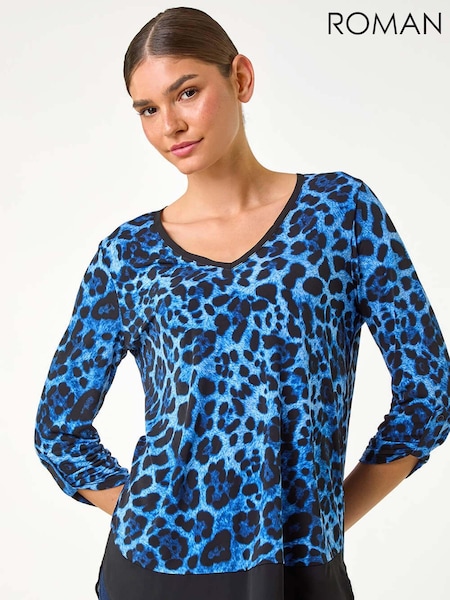 Roman Blue Animal Print Contrast Border Print T-Shirt (AC9381) | £32
