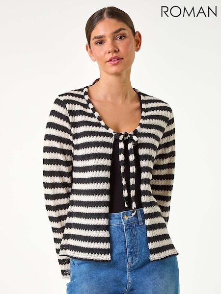 Roman Black Striped Print Tie Detail Cardigan (AC9383) | £32