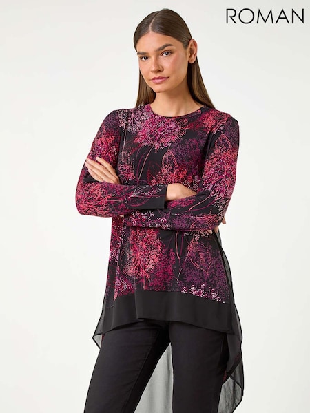 Roman Red Floral Print Chiffon Hem Stretch Top (AC9394) | £32