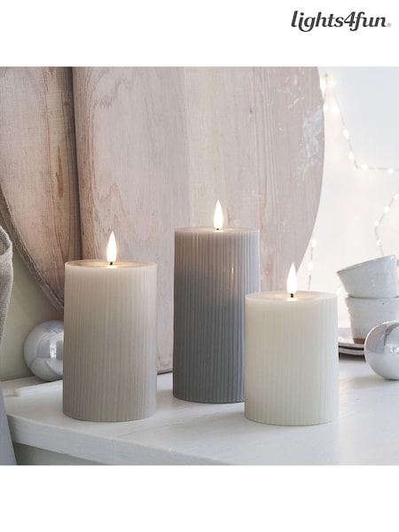 Lights4fun Grey TruGlow® Ribbed Pillar Trio LED Candle (AC9545) | £28.99