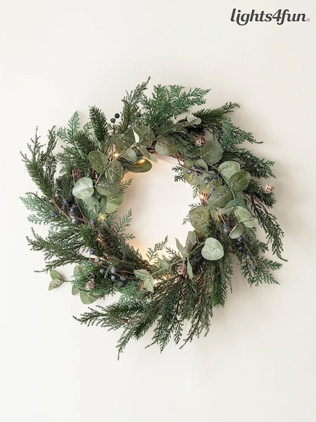 Lights4fun 40cm Pre Lit Frosted Berry & Pinecone Wreath (AC9548) | £50
