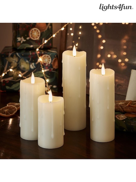 Lights4fun Ivory TruGlow Dripping Wax LED Slim Pillar Candles (AC9559) | £34.99