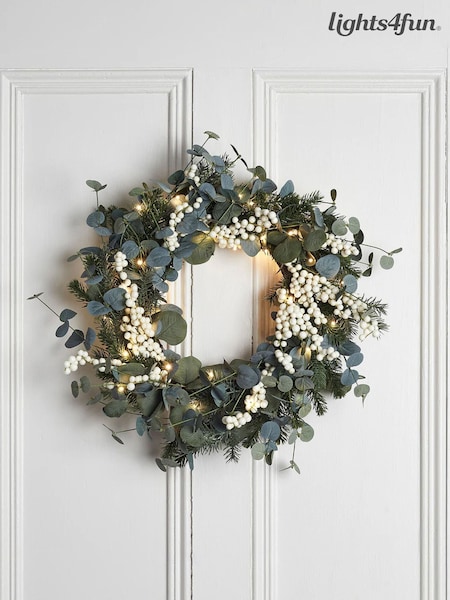 Lights4fun 40cm Pre Lit Eucalyptus Wreath With White Berries (AC9566) | £50