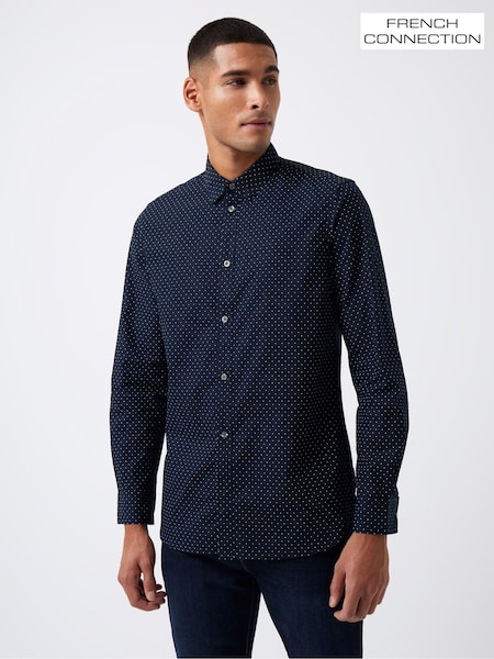 French Connection Blue 100% Cotton Micro Print Long Sleeve Shirt (AC9742) | £35