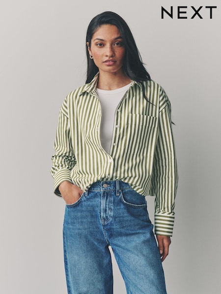 Green Stripe Oversized Long Sleeve 100% Cotton Cropped Shirt (AD0160) | £25