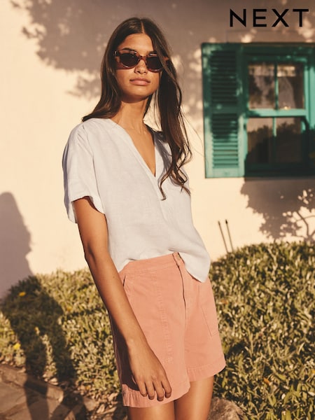 White Short Sleeve Overhead 100% Linen Top (AD0164) | £42