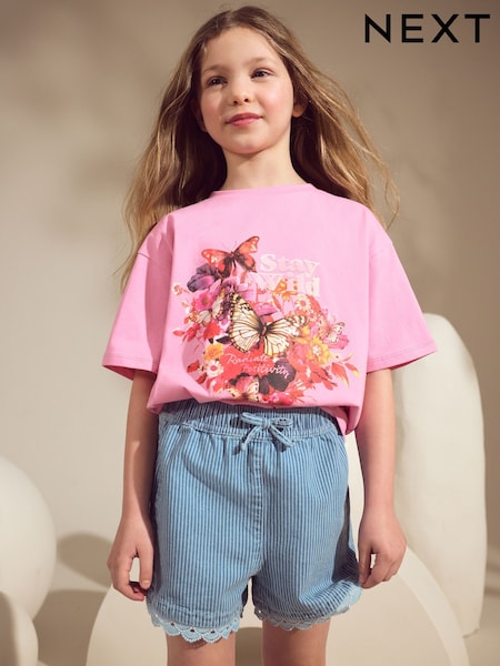 Pink/Blue Butterfly 100% Cotton T-Shirt And Denim Short Set (3-16yrs) (AD0175) | £21 - £26