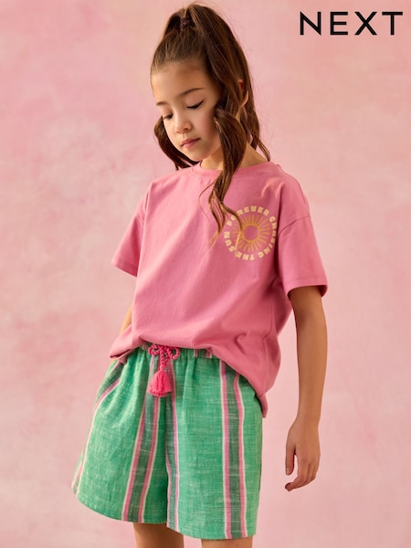 Green/Pink 100% Cotton Tie Waist Shorts (3-16yrs) (AD0181) | £12 - £17