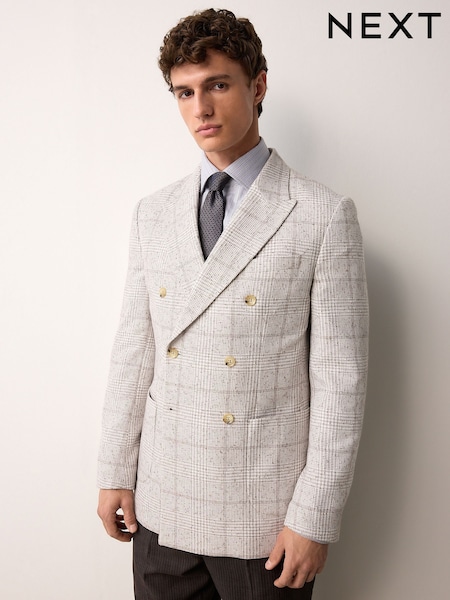 Grey/Ecru Regular Fit Smart Textured Check Double Breasted Blazer (AD0196) | £99