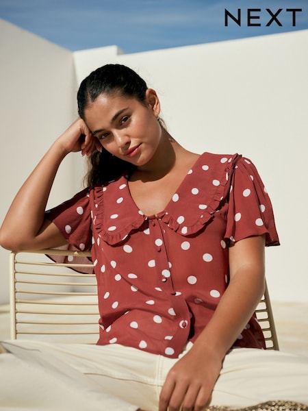 Brown/Ecru Spot Peter Pan Collar Sheer Short Sleeve Blouse (AD0207) | £32