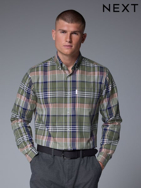 Green Madras Regular Fit Easy Iron Button Down Oxford Shirt (AD0446) | £26