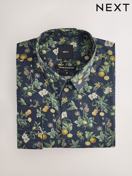 Navy Regular Fit Kew Collection 100% Cotton Floral Long Sleeve Single Cuff Shirt (AD0453) | £42