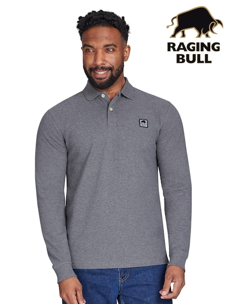 Raging Bull Grey Long Sleeve Classic Patch Pique Polo Shirt (AD0897) | £60 - £65