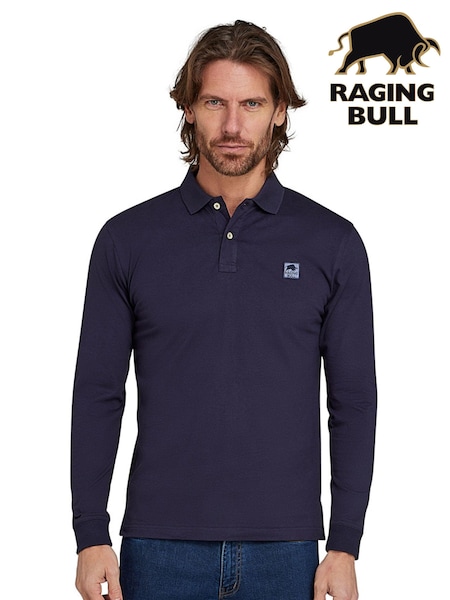 Raging Bull Blue Long Sleeve Classic Jersey Patch 100% Cotton Polo Shirt (AD0909) | £60 - £65