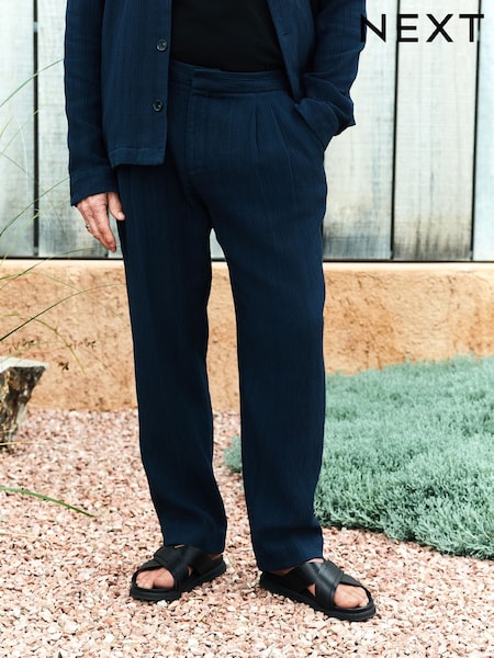 Navy Blue Regular Fit Smart Textured 100% Cotton Trousers With Internal Drawcord (AD0948) | £35