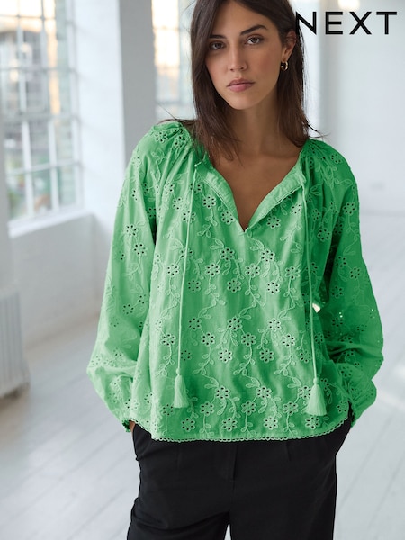 Green Textured Floral Cornelli Embroidered Long Sleeve 100% Cotton Boho Blouse (AD0965) | £42