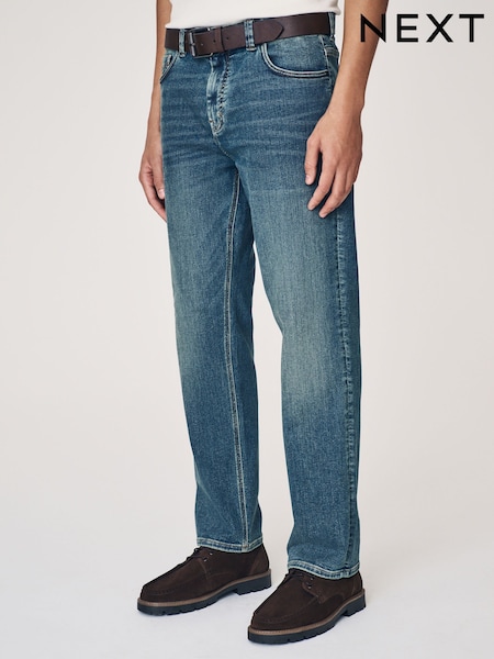 Blue Mid Vintage Straight Fit Belted Motionflex Jeans (AD1040) | £45