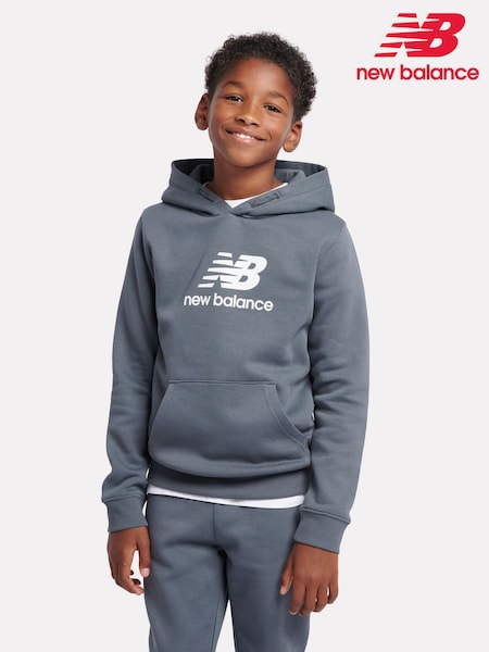 New Balance Gray Boys Brush Back Stacked Logo Hoodie (AD1138) | £45 - £54
