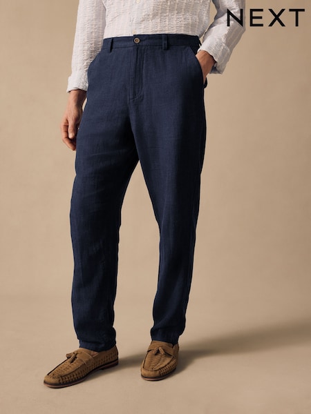 Navy Blue Elasticated Waist Textured Linen Blend Trousers (AD1414) | £30