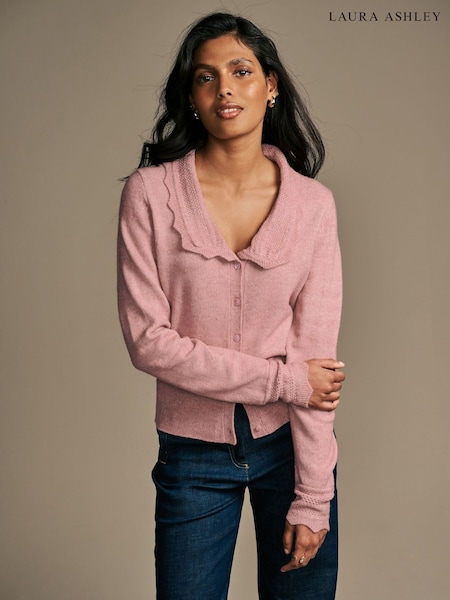 Laura Ashley Pink Pointelle Collar Button Down Knitted Cardigan (AD1627) | £39
