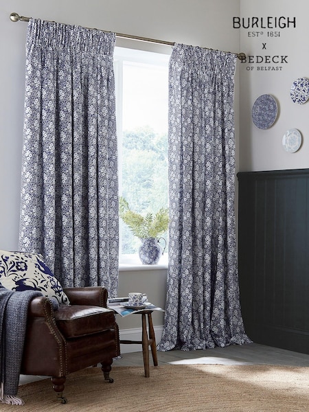 Burleigh X Bedeck Of Belfast Blue Calico Blackout 100% Cotton Pencil Pleat Curtains (AD1654) | £115 - £195