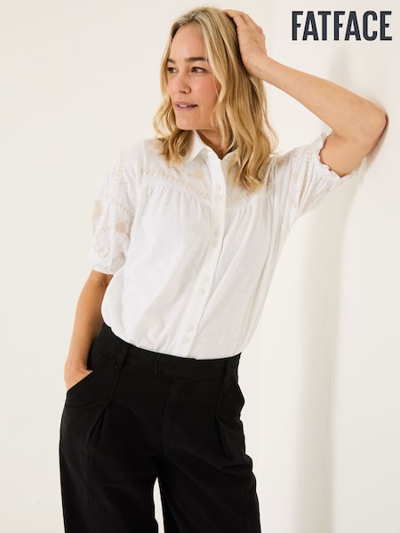 FatFace White Embroidered Short Sleeve Jersey Shirt (AD1769) | £35