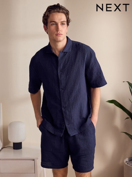 Navy Blue Textured Woven 100% Cotton Shirt and Shorts Set (AD2008) | £48