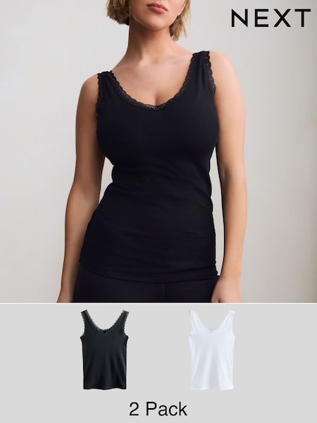 Black/White Lace Trim Ribbed Vests 2 Pack (AD2170) | £24