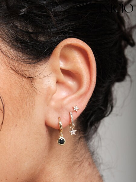 Inicio Gold Tone Jet Besel Charm Huggie Gift Pouch Earrings (AD2796) | £20