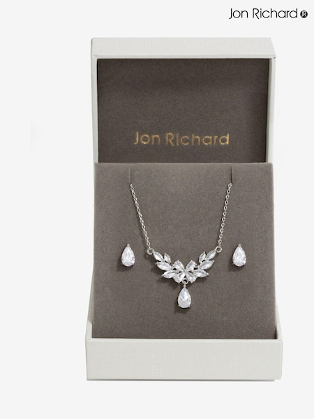 Jon Richard Silver Tone Cubic Zirconia Floral Set - Gift Boxed (AD2909) | £25