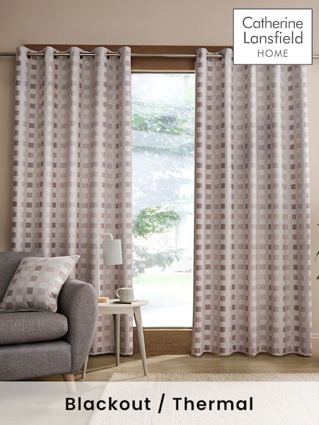 Catherine Lansfield Natural Wilson Check Thermal Blackout Lined Eyelet Curtains (AD3051) | £37 - £100
