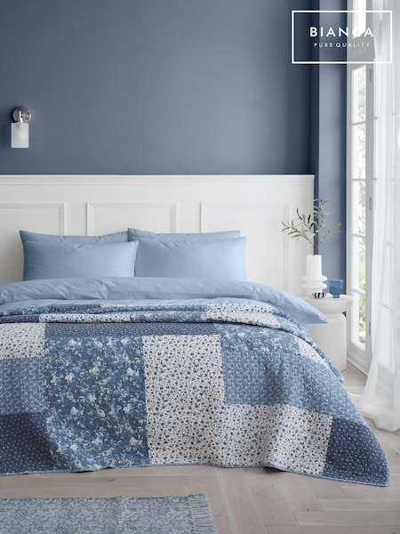 Bianca Blue 100% Cotton Floral Patchwork Bedspread Throw (AD3308) | £85