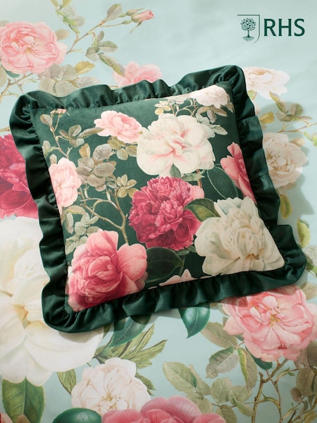 RHS Green Rose Garden Frill Soft Touch Velour Large Cushion (AD3321) | £25
