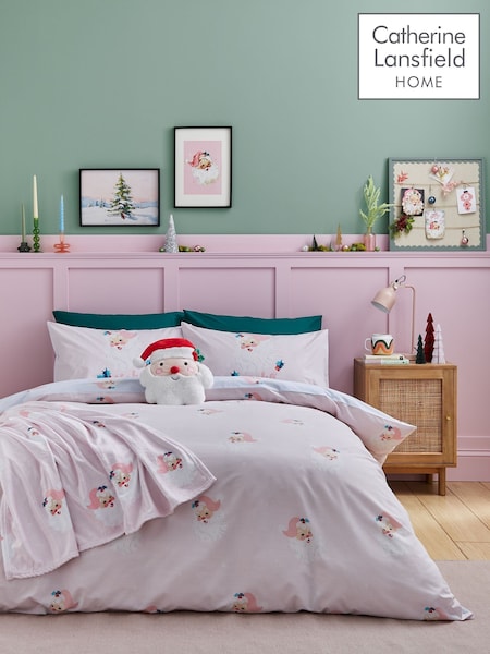 Catherine Lansfield Pink Vintage Christmas Santa Reversible Duvet Cover Set (AD3436) | £17 - £28