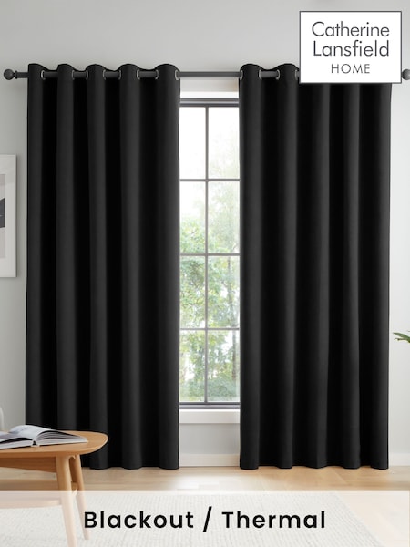 Catherine Lansfield Black Wilson Thermal Blackout Lined Eyelet Curtains (AD3443) | £32 - £85