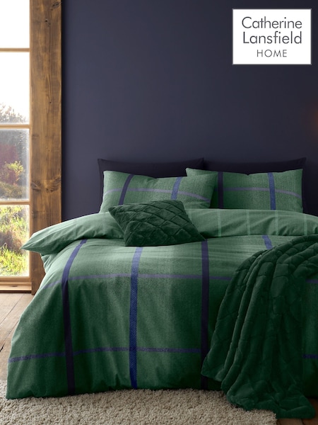 Catherine Lansfield Green Brushed 100% Cotton Melrose Tweed Check Duvet Cover Set (AD3470) | £20 - £35