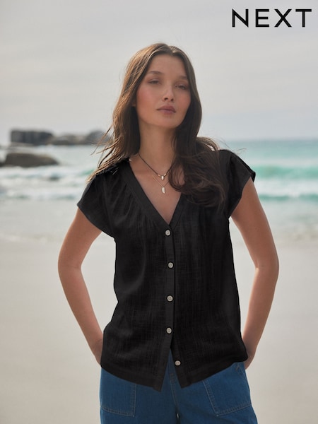 Black Button Down Ruffle Sleeve Top With Linen (AD3523) | £19