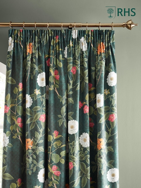 RHS Green Arcadia Floral Soft Velour Pencil Pleat Curtains (AD3536) | £40 - £100