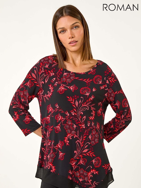 Roman Red Floral Chiffon Tunics Top (AD3598) | £32