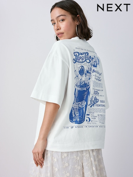 White/Blue Offical Pepsi License Back Graphic Short Sleeve Crew Neck T-Shirt (AD3619) | £25