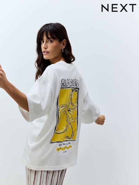 Ecru White/Bright Yellow Oversized 100% Cotton Lemon Limonada Back Graphic Short Sleeve Crew Neck T-Shirt (AD3621) | £24
