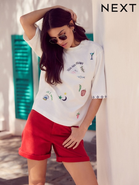 Fun Placement Graphic Ecru Oversize Short Sleeve Embroidered Graphic Crew Neck 100% Cotton T-Shirt (AD3626) | £18