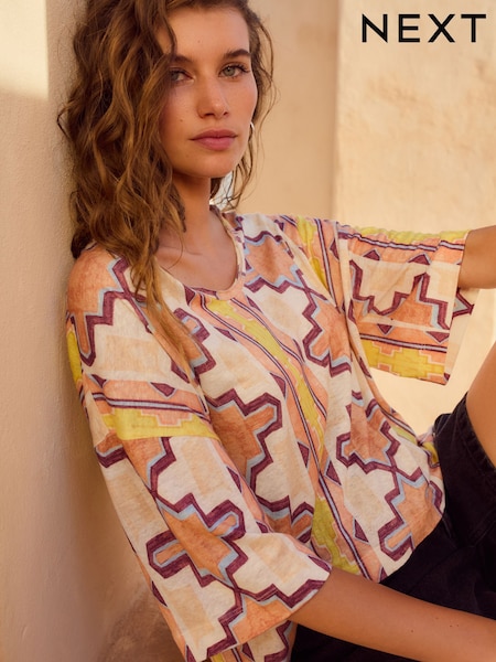 Yellow/Ecru/Brown Striped Tile Print Linen Modal Blend Soft Touch Scoop Neck T-Shirt (AD3634) | £24