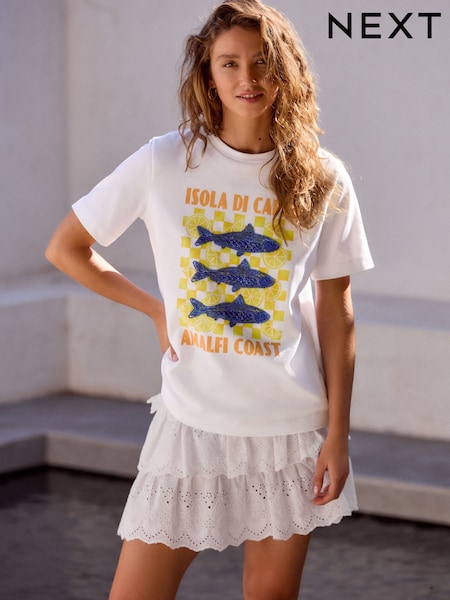 White Amalfi Fish Graphic Heavyweight Short Sleeve Crew Neck 100% Cotton T-Shirt (AD3640) | £20