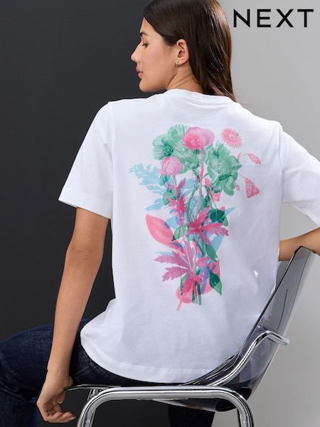 White Flower Back Graphic Heavyweight Short Sleeve Crew Neck T-Shirt (AD3642) | £20