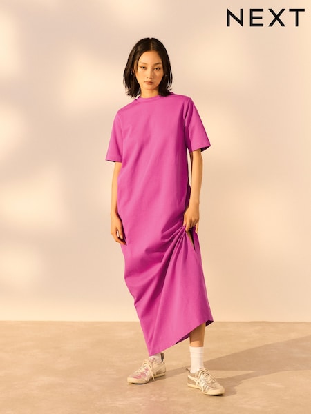 Bright Pink Heavyweight Short Sleeve Crew Neck Maxi T-Shirt Dress (AD3653) | £27