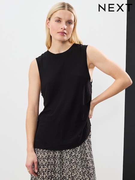Black Linen Modal Soft Touch Sleeveless Crew Neck Tank Vest Top (AD3654) | £18