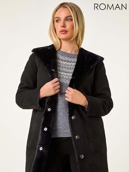 Roman Black Petite Faux Sheepskin Reversable Hooded Coat (AD3714) | £90
