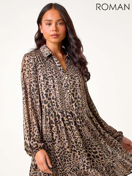 Roman Natural Petite Leopard Print Tiered Frill Hem Dress (AD3730) | £54