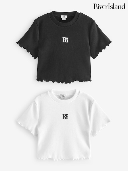 River Island Black Girls Lettuce Hem 100% Cotton T-Shirts 2 Pack (AD3927) | £16